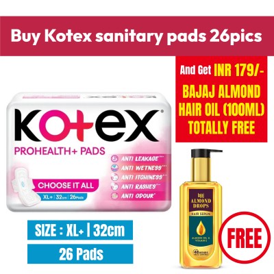 Kotex sanitary pads 26pics 32cm + Bajaj Almond Hair Oil Free 100ml